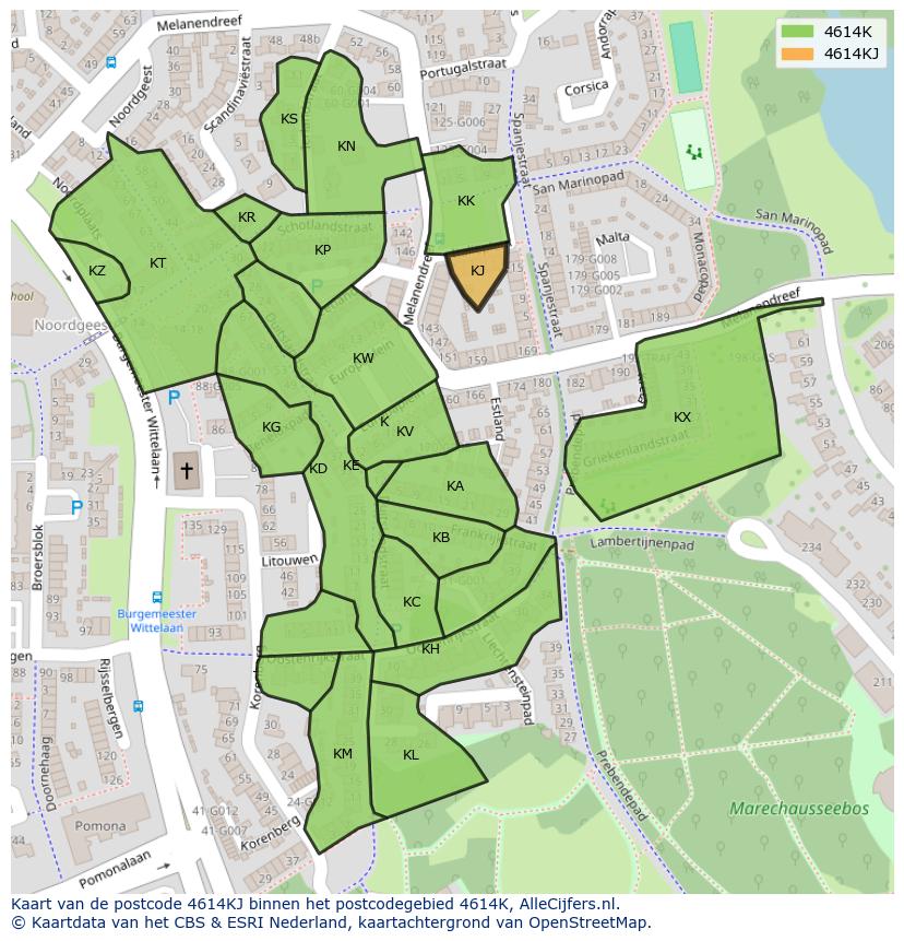 Afbeelding van het postcodegebied 4614 KJ op de kaart.