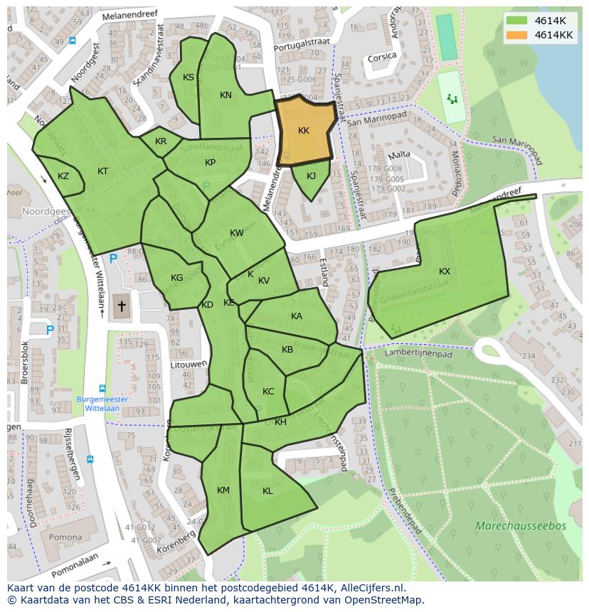 Afbeelding van het postcodegebied 4614 KK op de kaart.