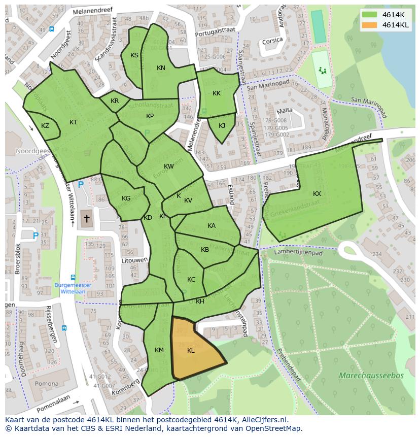 Afbeelding van het postcodegebied 4614 KL op de kaart.