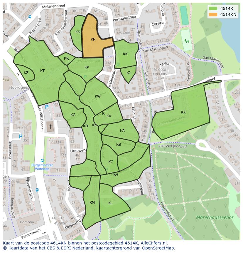 Afbeelding van het postcodegebied 4614 KN op de kaart.