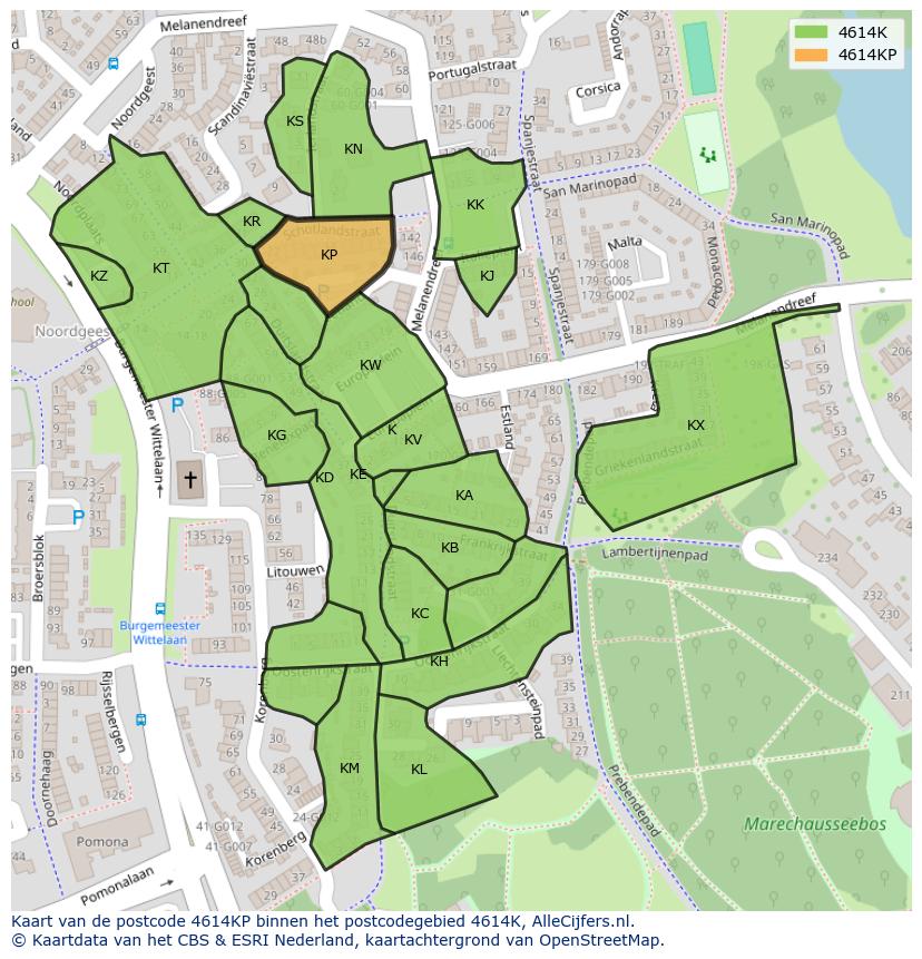 Afbeelding van het postcodegebied 4614 KP op de kaart.