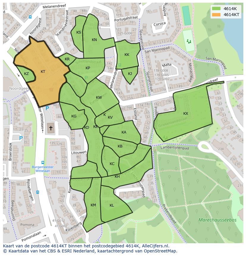 Afbeelding van het postcodegebied 4614 KT op de kaart.