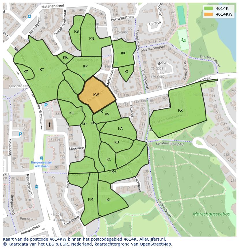 Afbeelding van het postcodegebied 4614 KW op de kaart.