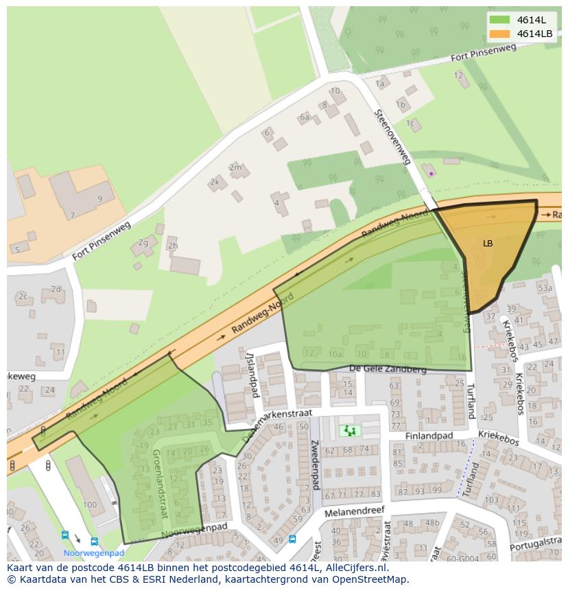 Afbeelding van het postcodegebied 4614 LB op de kaart.