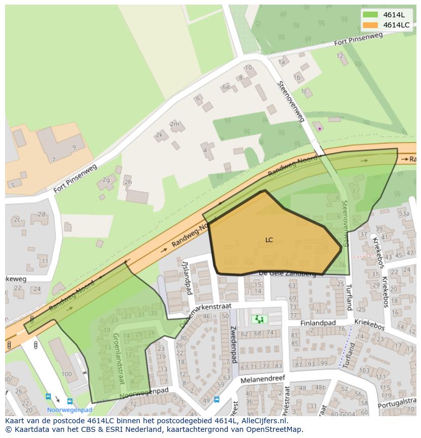 Afbeelding van het postcodegebied 4614 LC op de kaart.