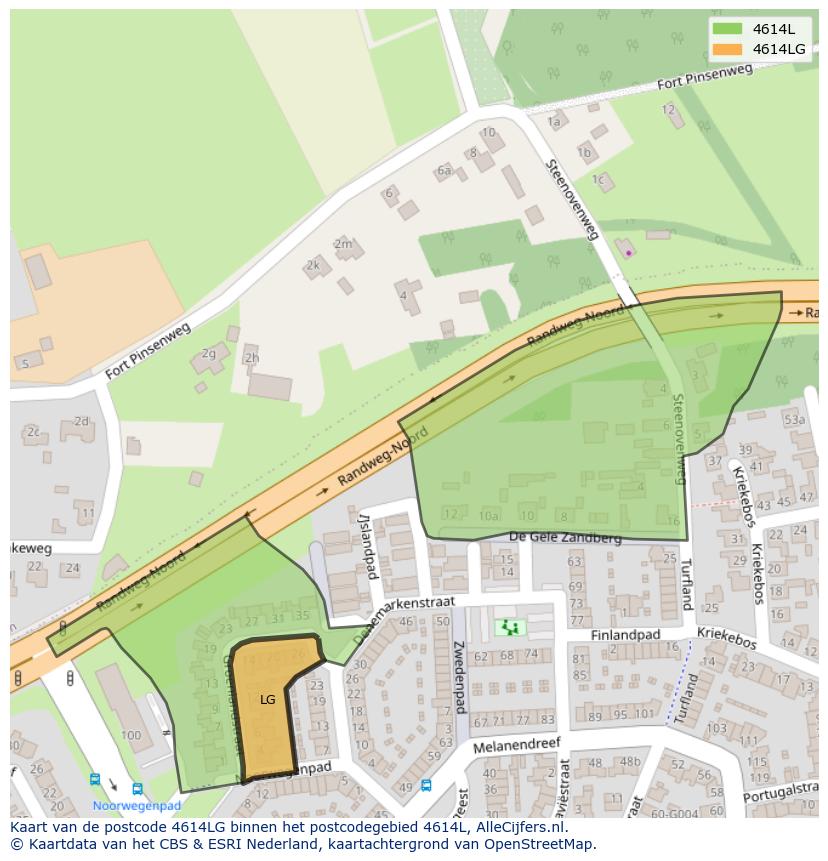 Afbeelding van het postcodegebied 4614 LG op de kaart.
