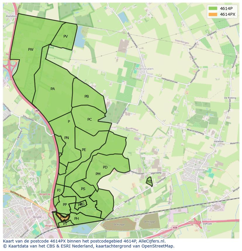 Afbeelding van het postcodegebied 4614 PX op de kaart.