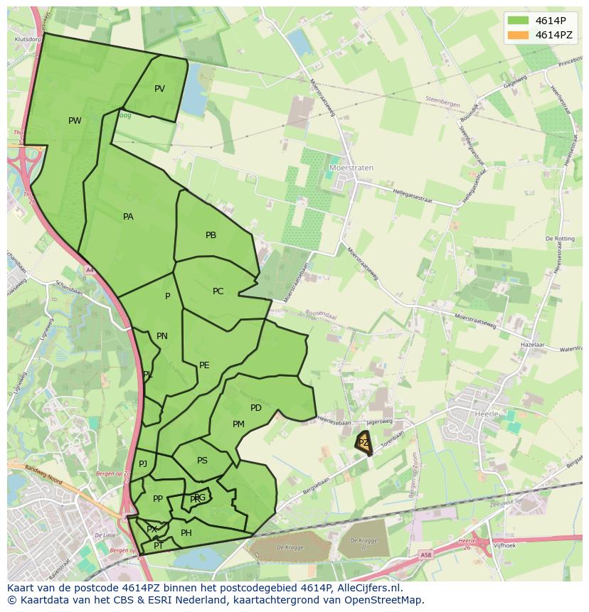 Afbeelding van het postcodegebied 4614 PZ op de kaart.