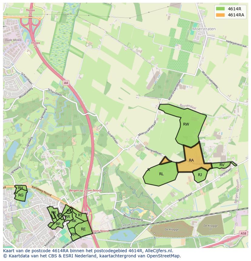 Afbeelding van het postcodegebied 4614 RA op de kaart.