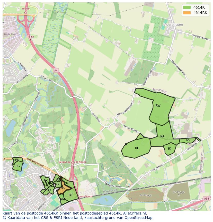Afbeelding van het postcodegebied 4614 RK op de kaart.