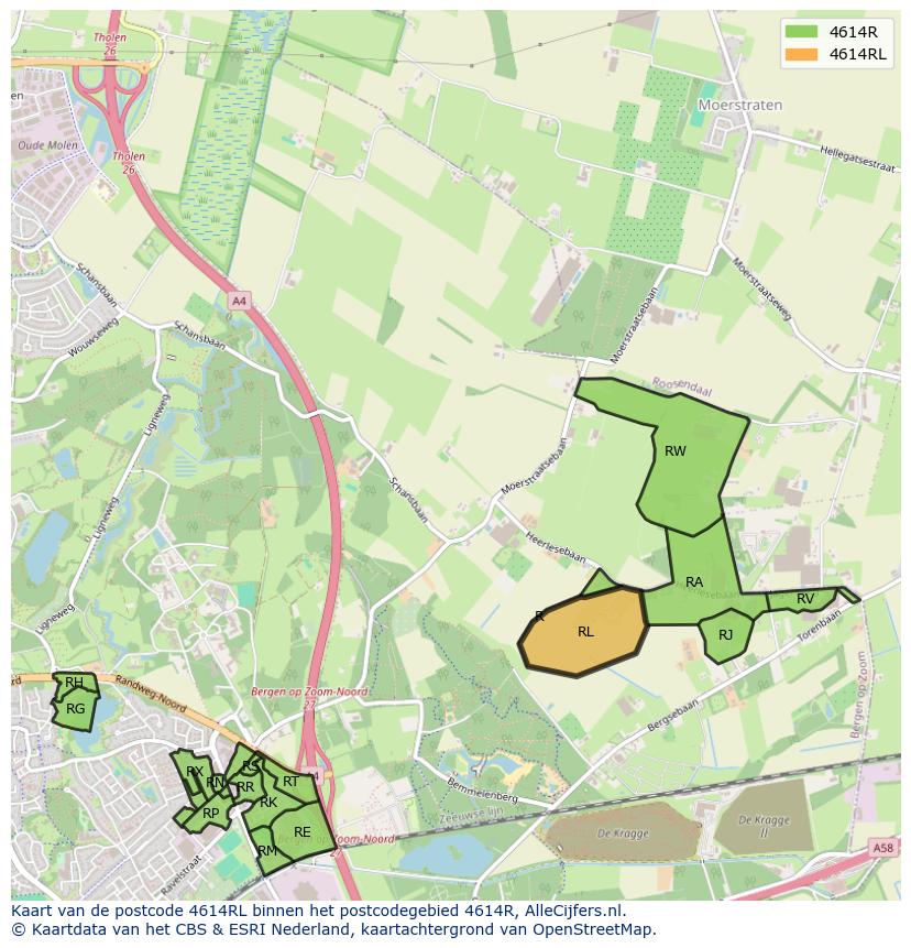 Afbeelding van het postcodegebied 4614 RL op de kaart.