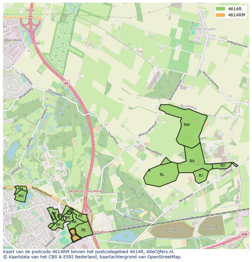 Afbeelding van het postcodegebied 4614 RM op de kaart.