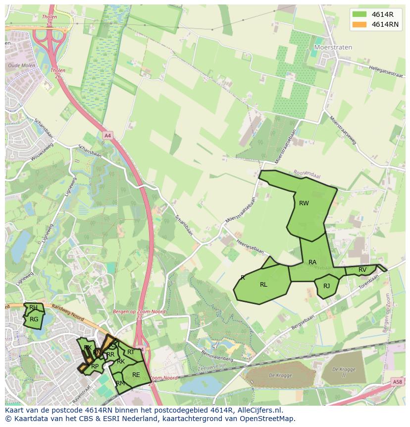 Afbeelding van het postcodegebied 4614 RN op de kaart.