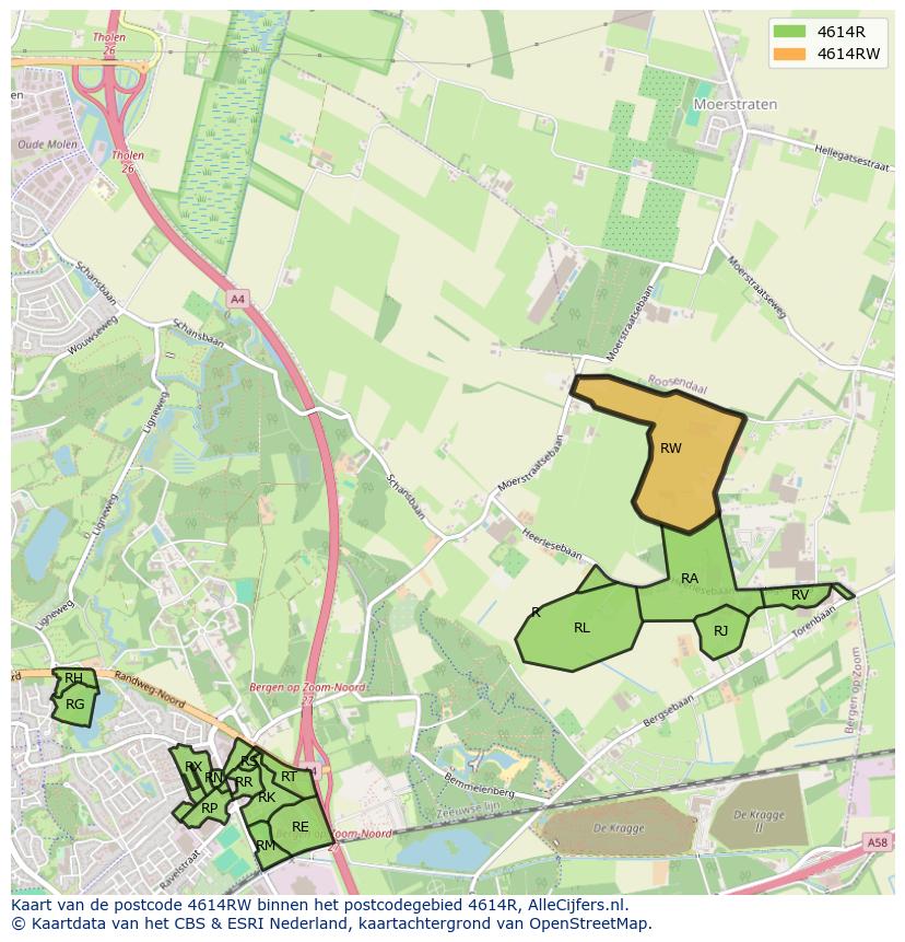 Afbeelding van het postcodegebied 4614 RW op de kaart.
