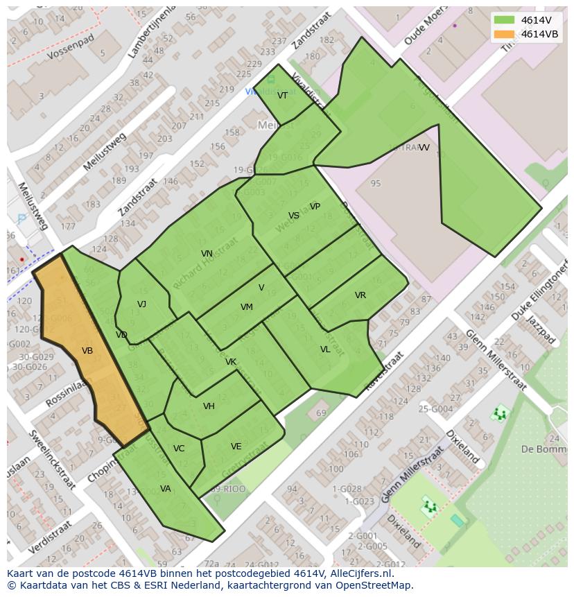 Afbeelding van het postcodegebied 4614 VB op de kaart.