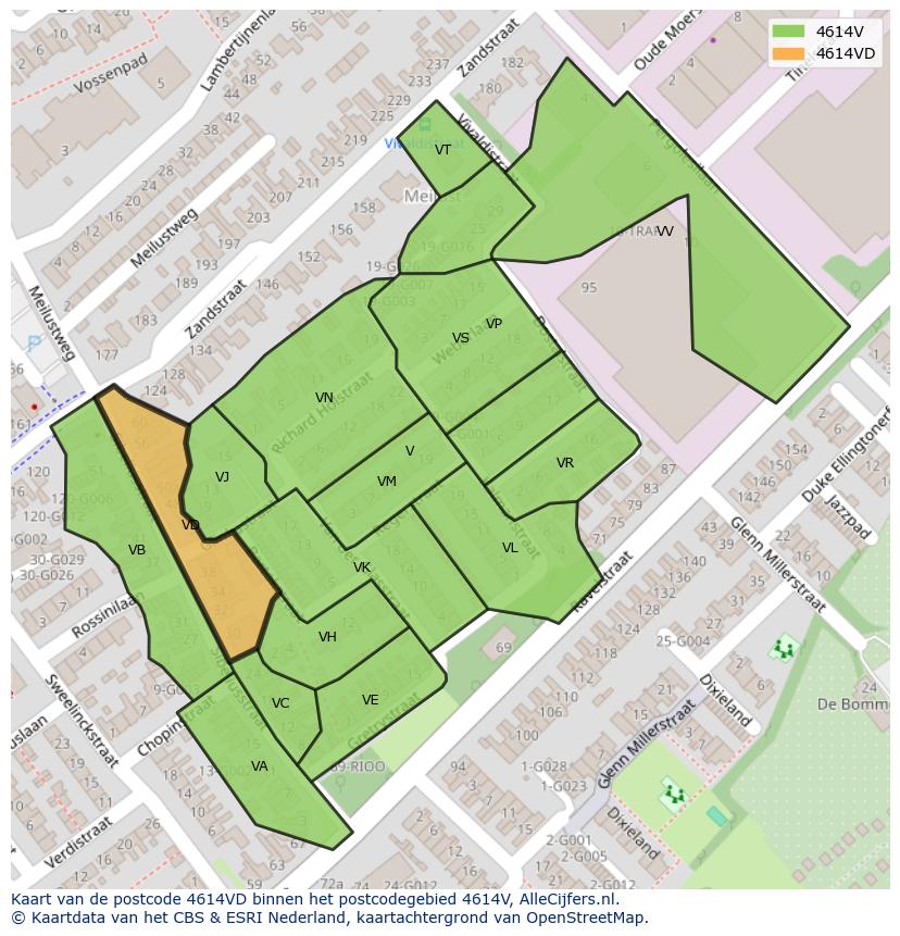 Afbeelding van het postcodegebied 4614 VD op de kaart.