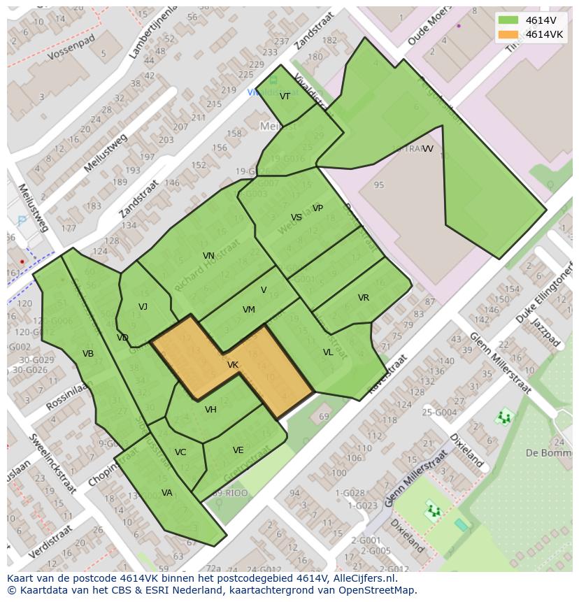 Afbeelding van het postcodegebied 4614 VK op de kaart.
