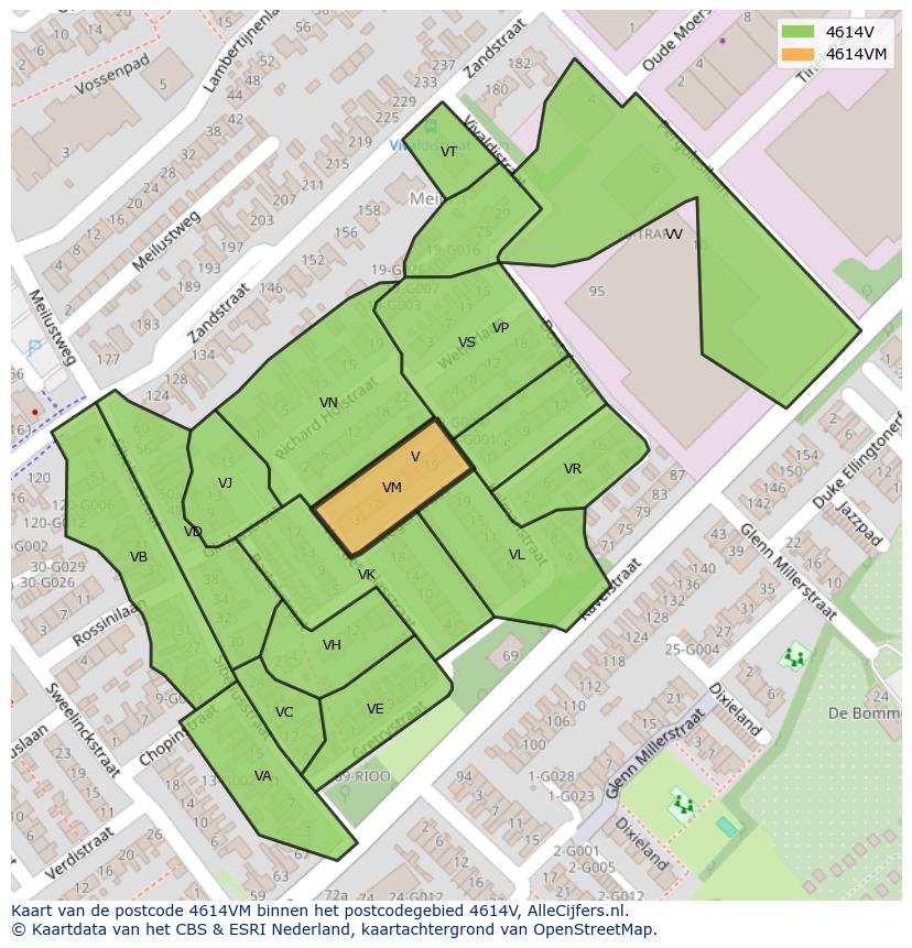 Afbeelding van het postcodegebied 4614 VM op de kaart.