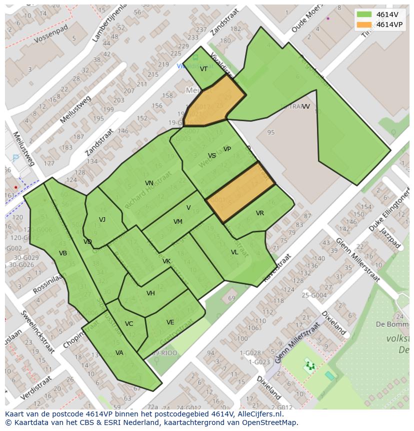 Afbeelding van het postcodegebied 4614 VP op de kaart.
