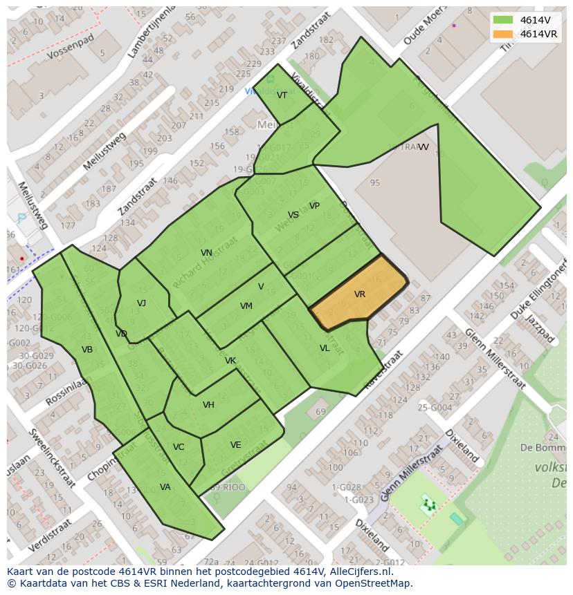 Afbeelding van het postcodegebied 4614 VR op de kaart.