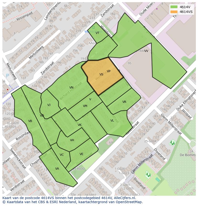 Afbeelding van het postcodegebied 4614 VS op de kaart.