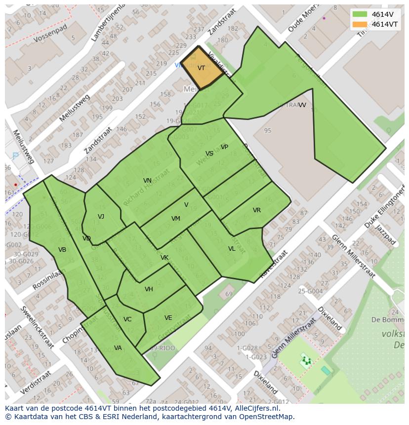 Afbeelding van het postcodegebied 4614 VT op de kaart.