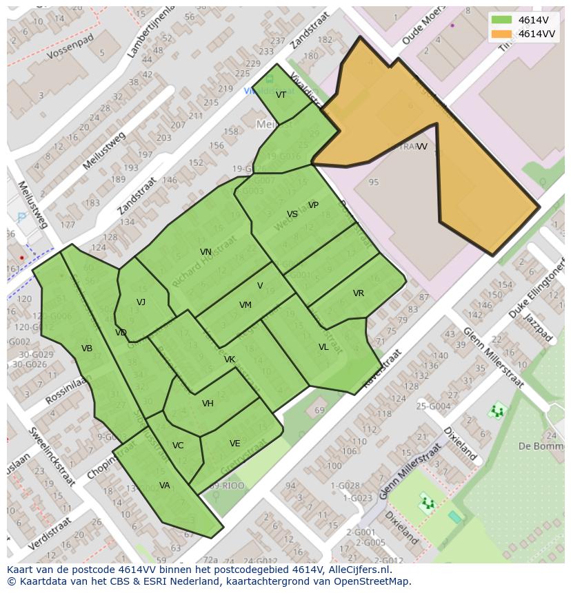 Afbeelding van het postcodegebied 4614 VV op de kaart.