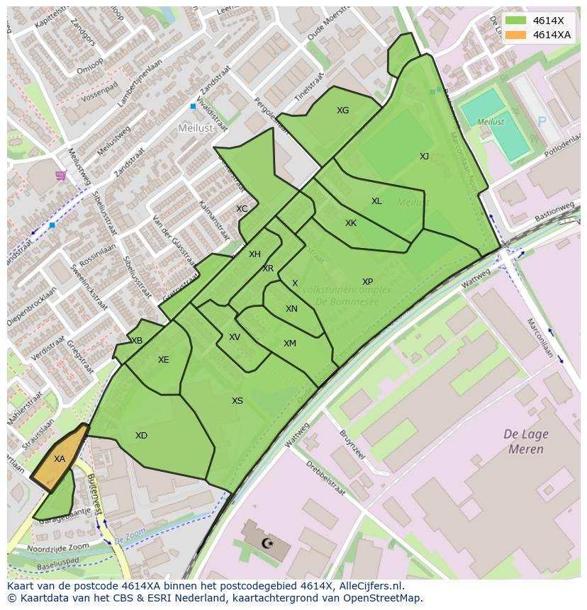 Afbeelding van het postcodegebied 4614 XA op de kaart.