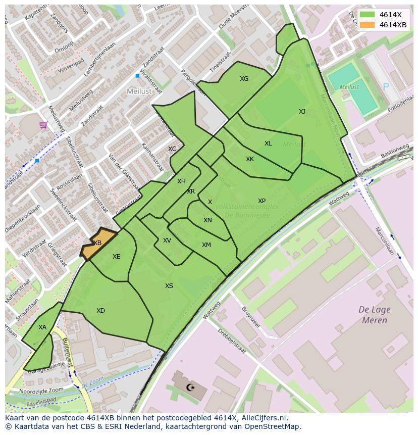 Afbeelding van het postcodegebied 4614 XB op de kaart.
