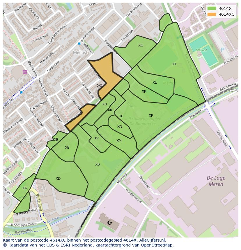Afbeelding van het postcodegebied 4614 XC op de kaart.