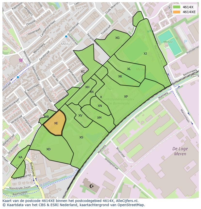 Afbeelding van het postcodegebied 4614 XE op de kaart.
