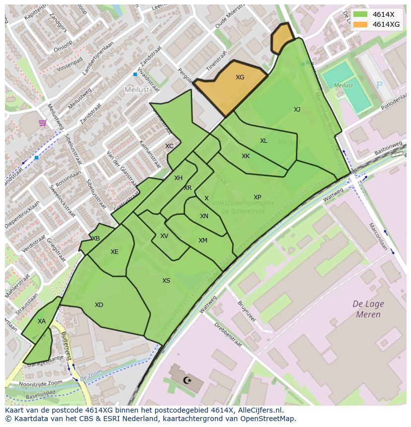 Afbeelding van het postcodegebied 4614 XG op de kaart.