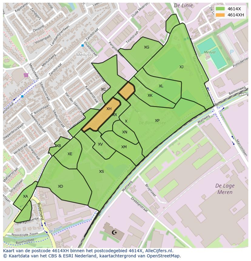 Afbeelding van het postcodegebied 4614 XH op de kaart.