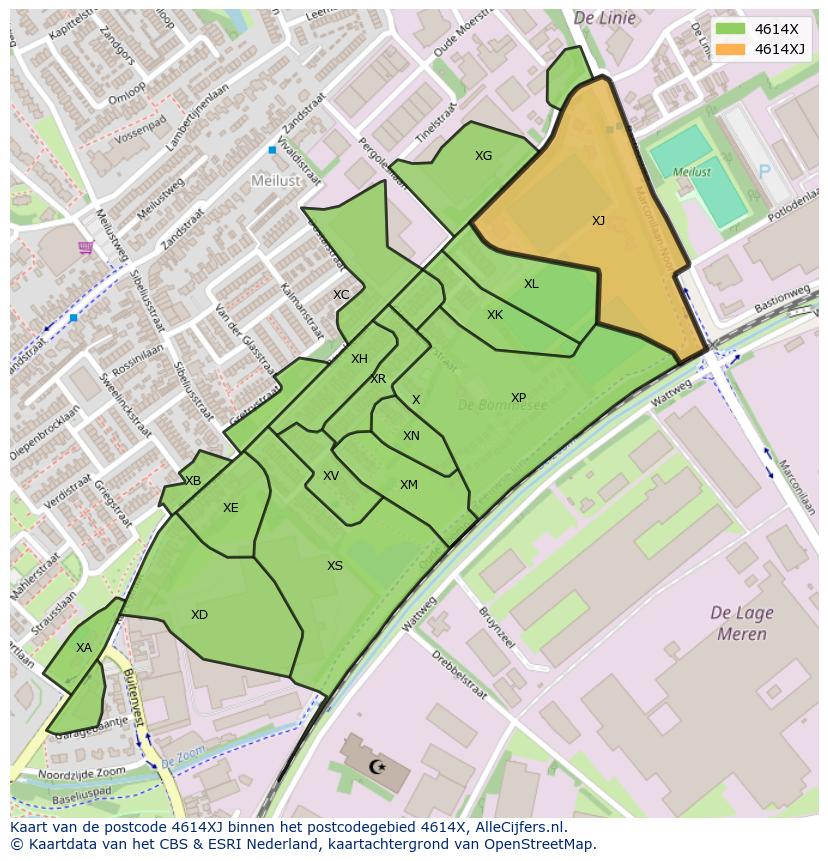 Afbeelding van het postcodegebied 4614 XJ op de kaart.