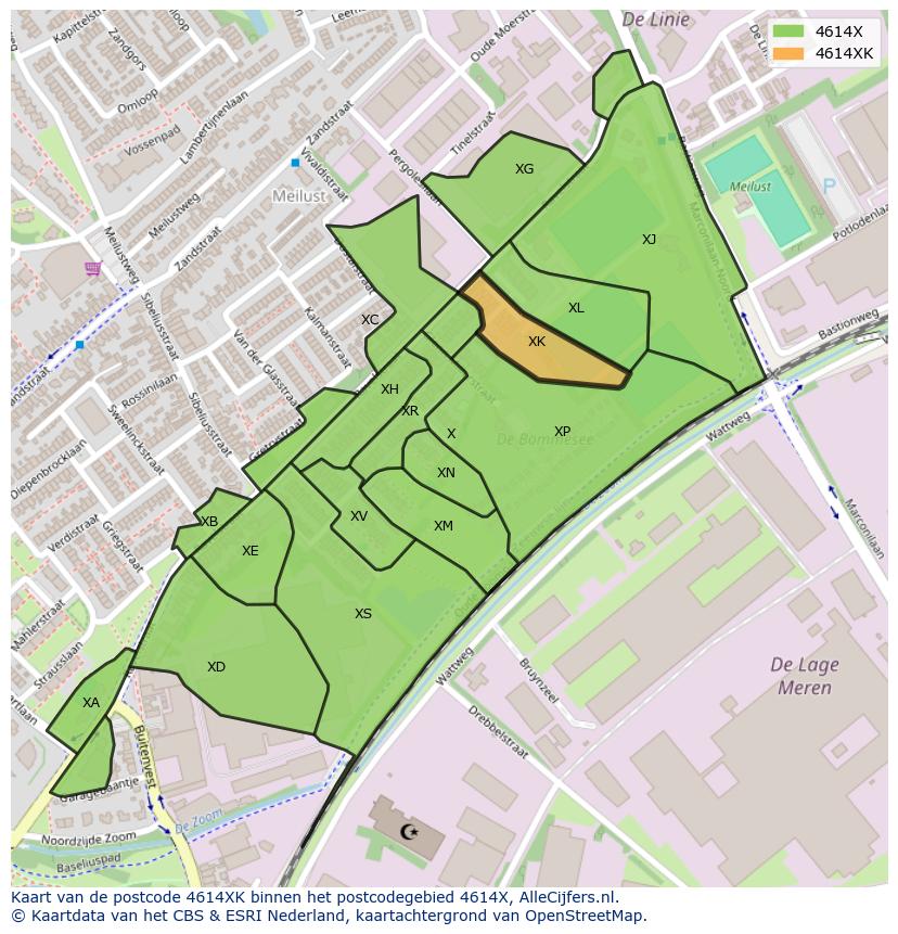 Afbeelding van het postcodegebied 4614 XK op de kaart.