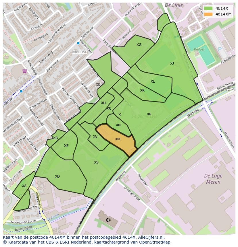 Afbeelding van het postcodegebied 4614 XM op de kaart.