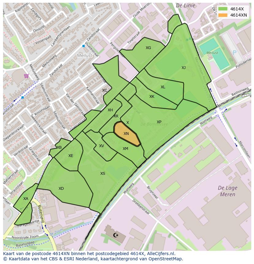 Afbeelding van het postcodegebied 4614 XN op de kaart.