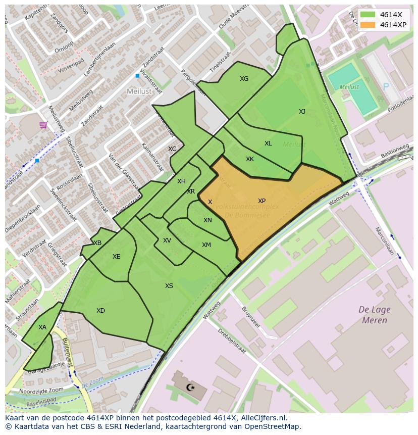 Afbeelding van het postcodegebied 4614 XP op de kaart.