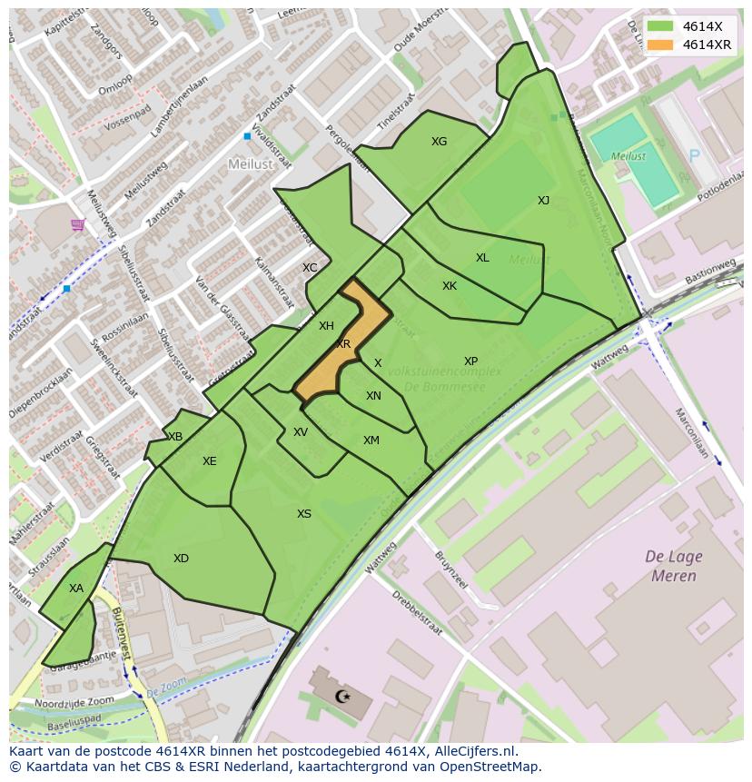 Afbeelding van het postcodegebied 4614 XR op de kaart.