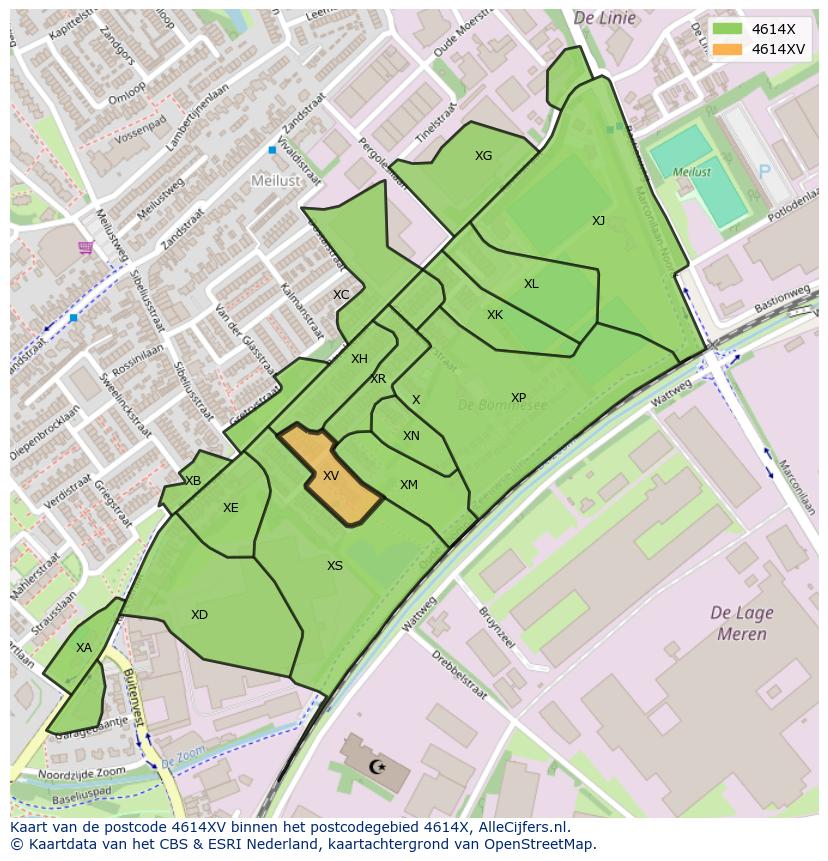 Afbeelding van het postcodegebied 4614 XV op de kaart.