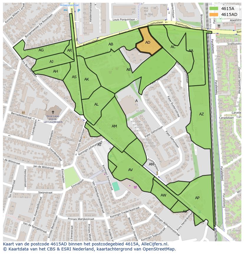Afbeelding van het postcodegebied 4615 AD op de kaart.