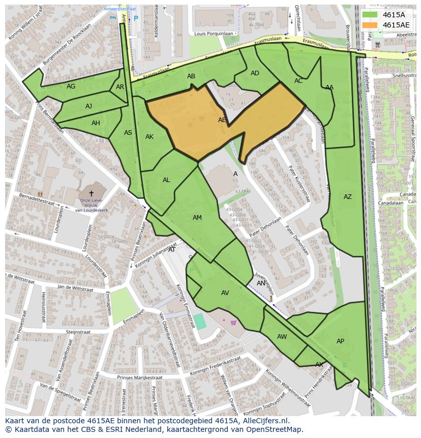 Afbeelding van het postcodegebied 4615 AE op de kaart.