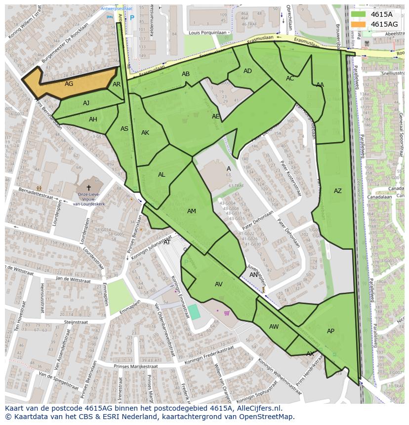 Afbeelding van het postcodegebied 4615 AG op de kaart.