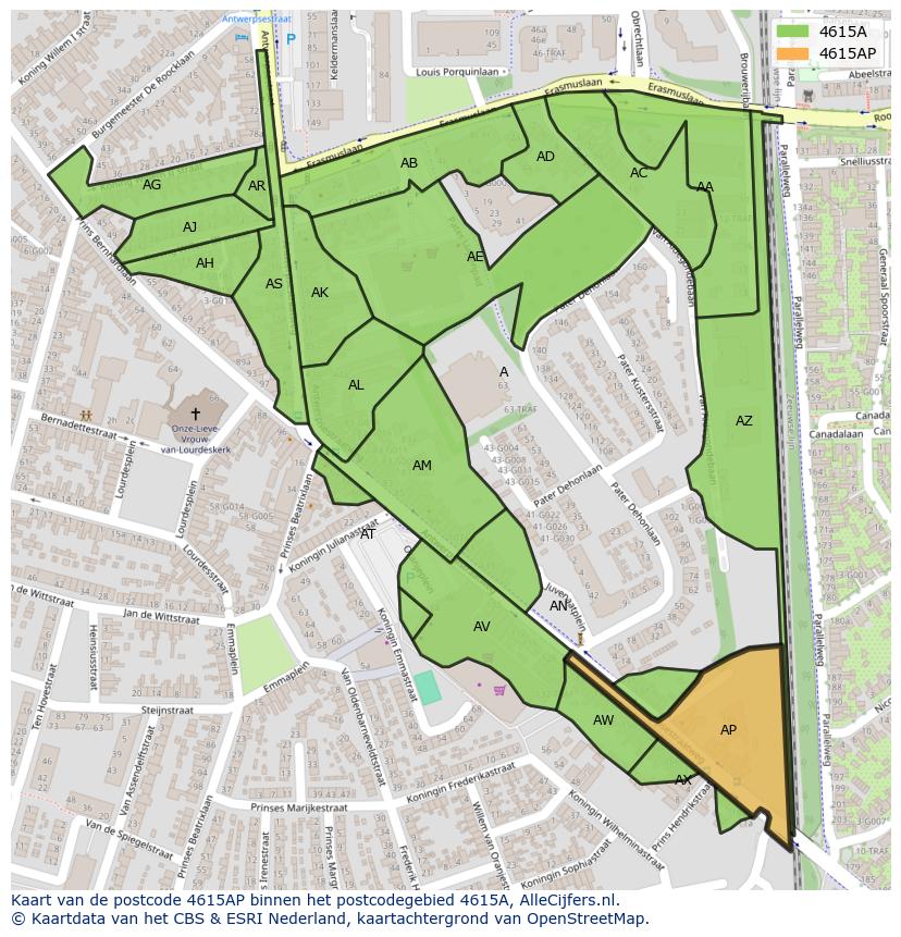 Afbeelding van het postcodegebied 4615 AP op de kaart.