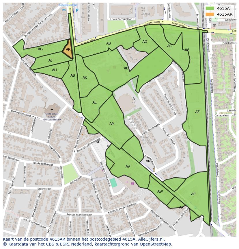 Afbeelding van het postcodegebied 4615 AR op de kaart.
