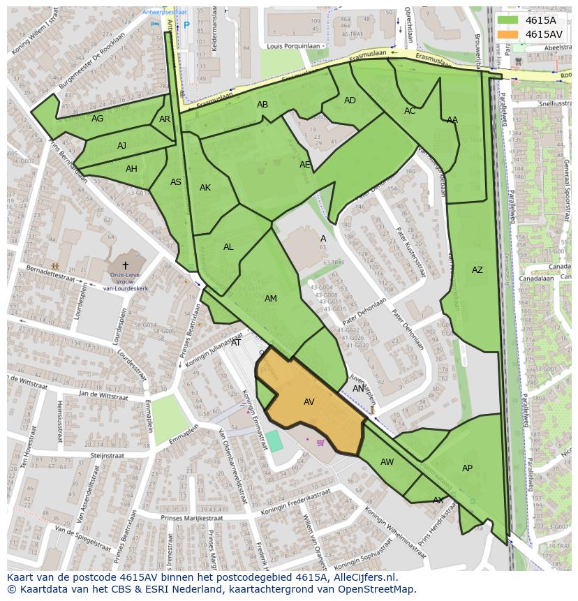 Afbeelding van het postcodegebied 4615 AV op de kaart.