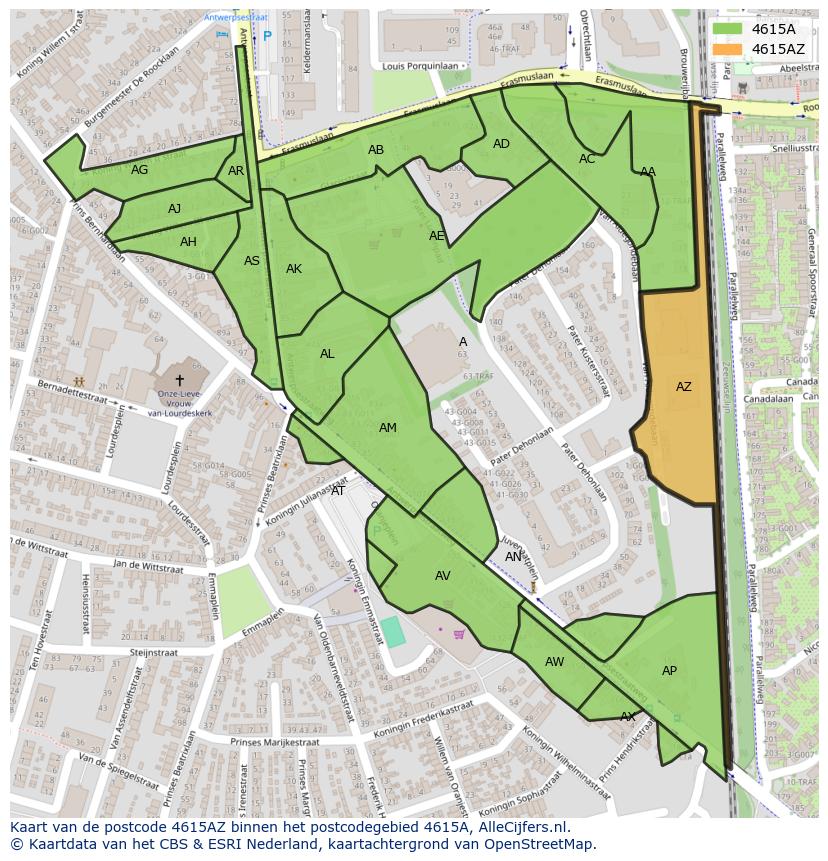 Afbeelding van het postcodegebied 4615 AZ op de kaart.