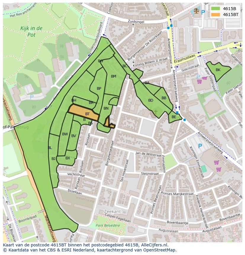 Afbeelding van het postcodegebied 4615 BT op de kaart.