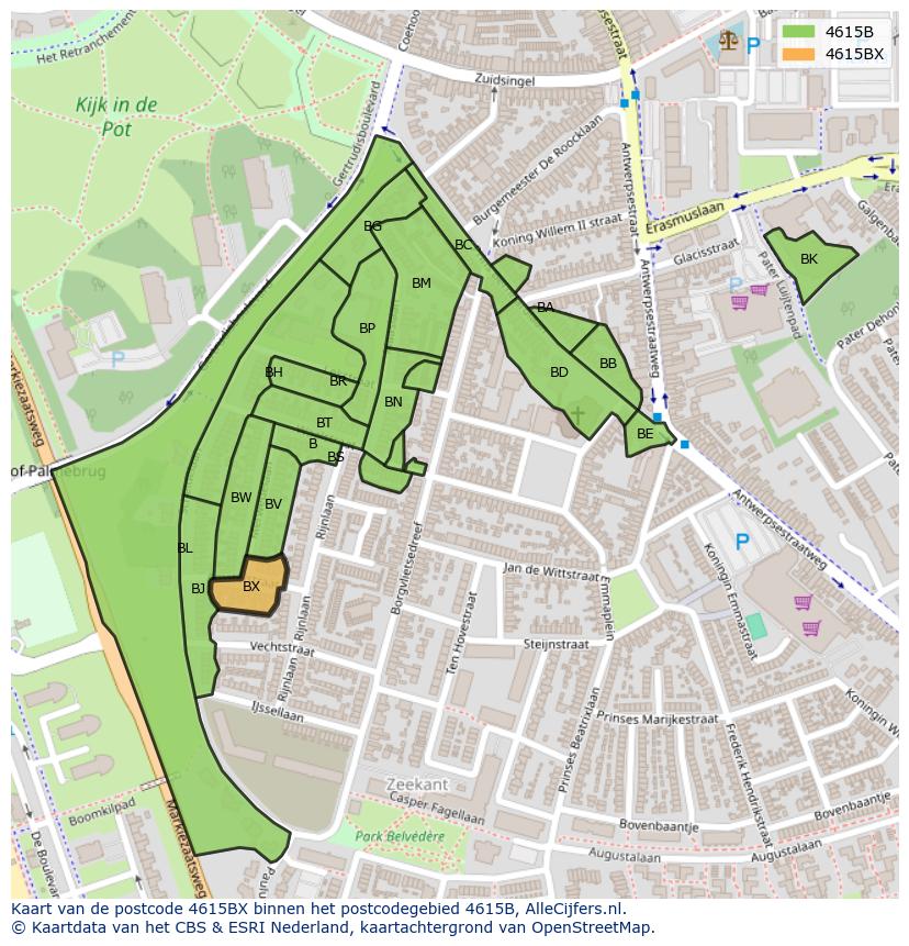 Afbeelding van het postcodegebied 4615 BX op de kaart.