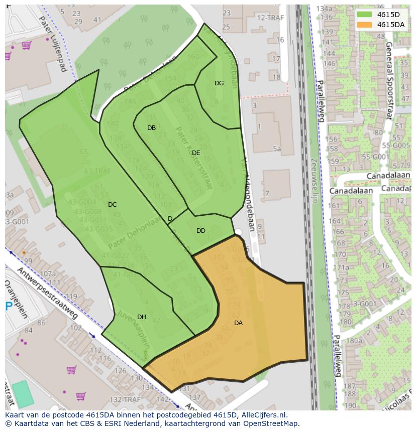 Afbeelding van het postcodegebied 4615 DA op de kaart.